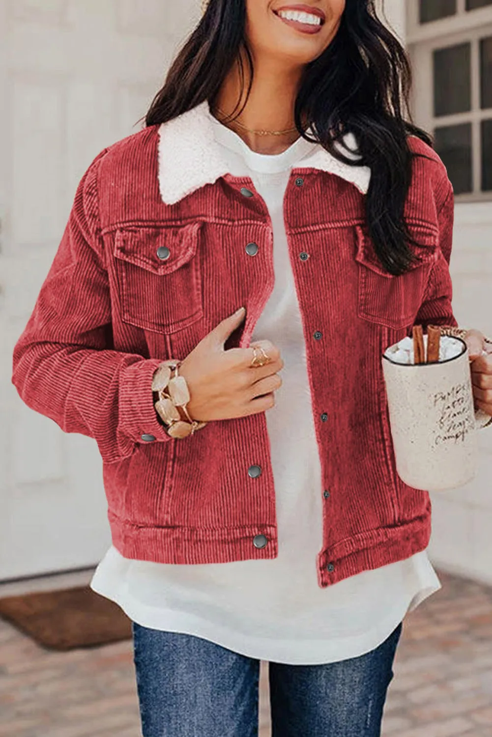 Red Sherpa Snap Flap Pocket Cropped Corduroy Jacket