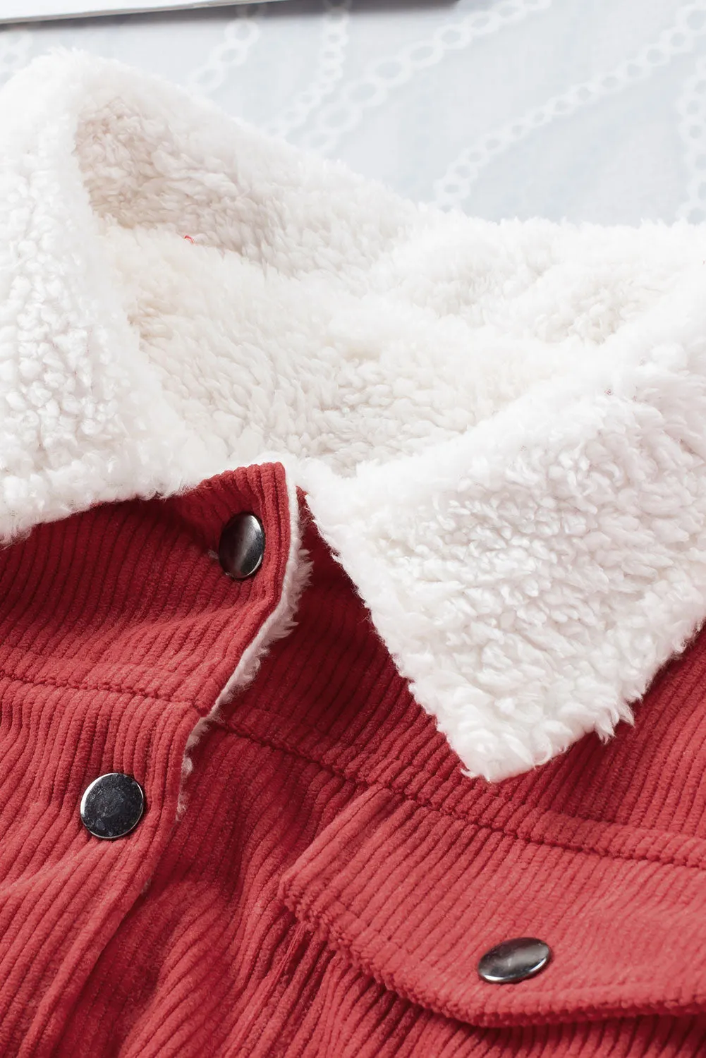 Red Sherpa Snap Flap Pocket Cropped Corduroy Jacket