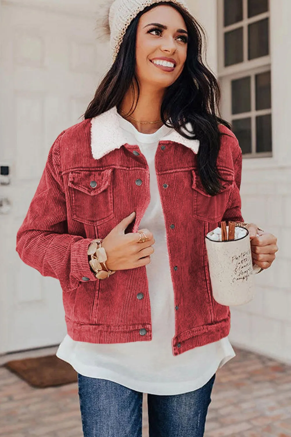 Red Sherpa Snap Flap Pocket Cropped Corduroy Jacket