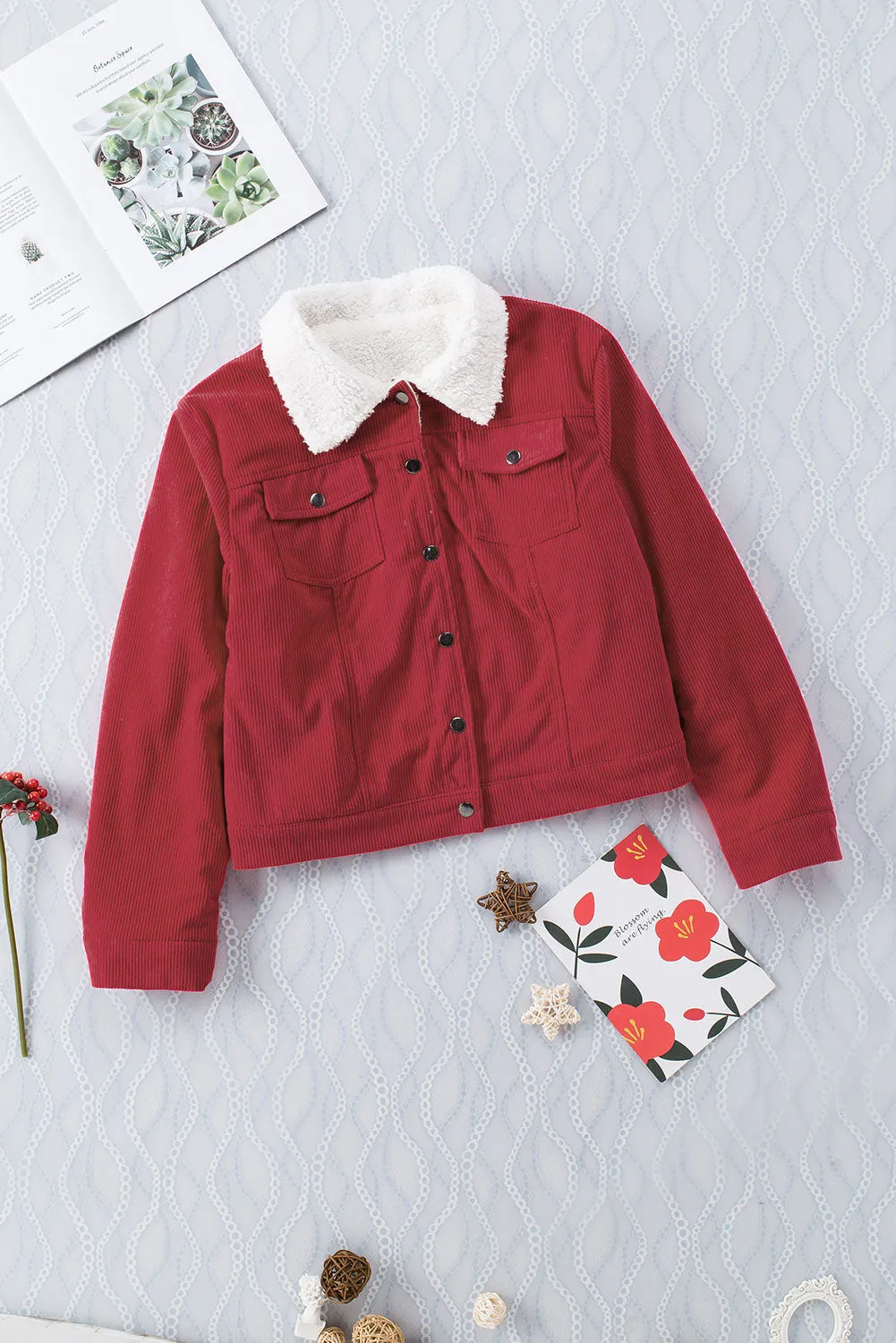 Red Sherpa Snap Flap Pocket Cropped Corduroy Jacket