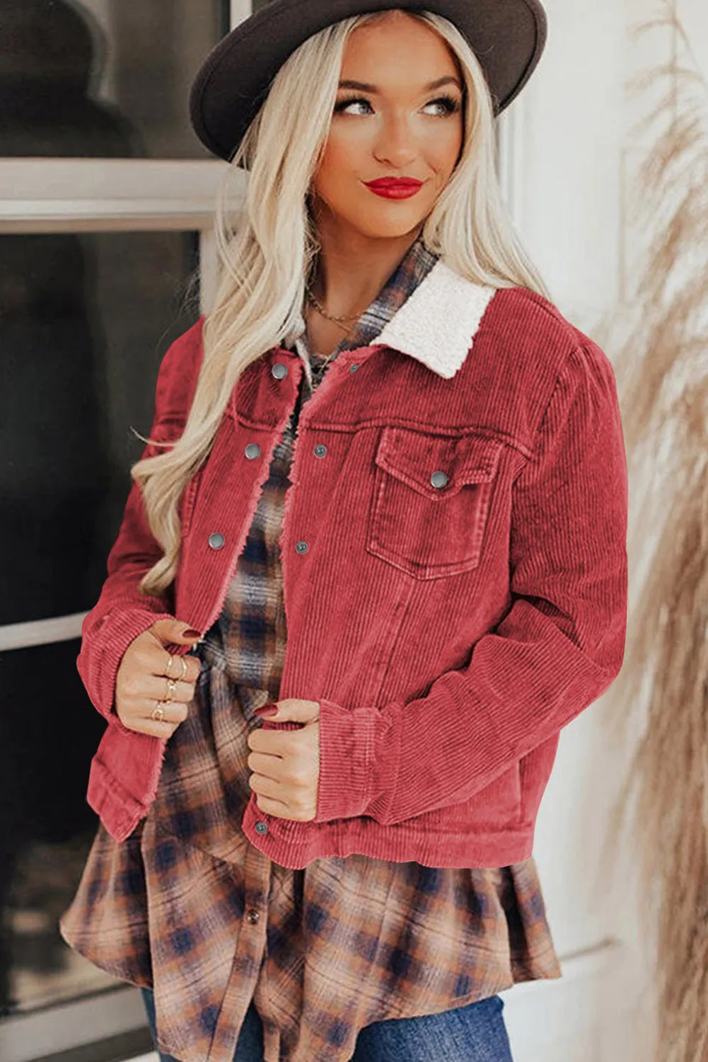 Red Sherpa Snap Flap Pocket Cropped Corduroy Jacket