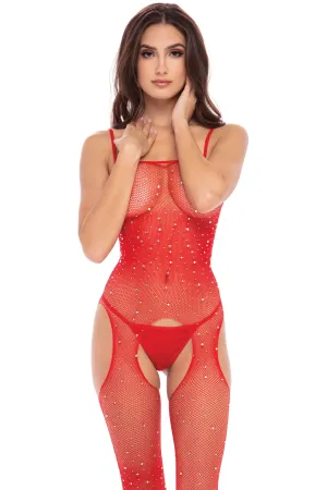 Rene Rofe Sparkle Crotchless Bodystocking Red O/S