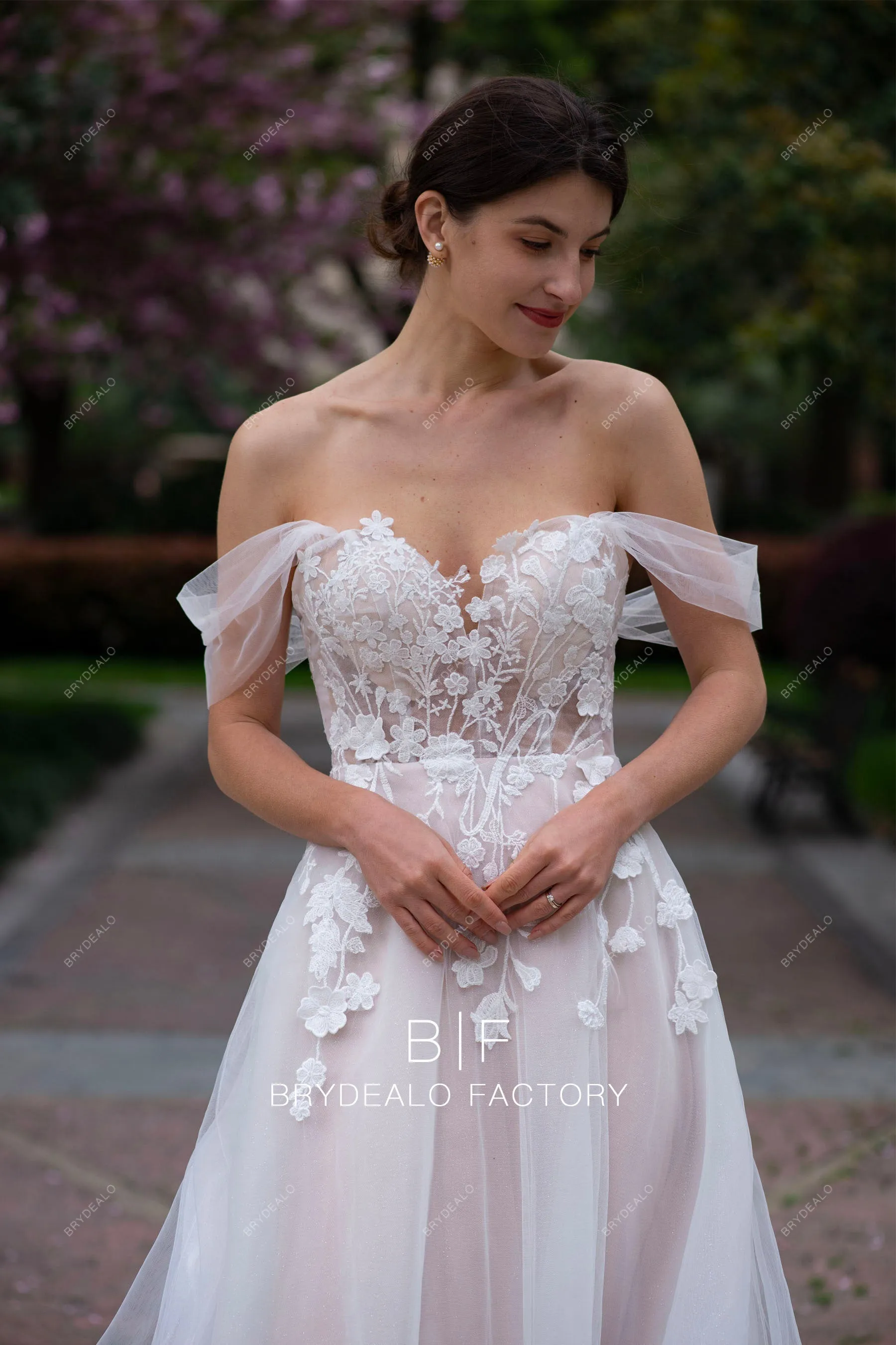 Romantic Off Shoulder Flower Lace Nude Garden A-line Wedding Dress