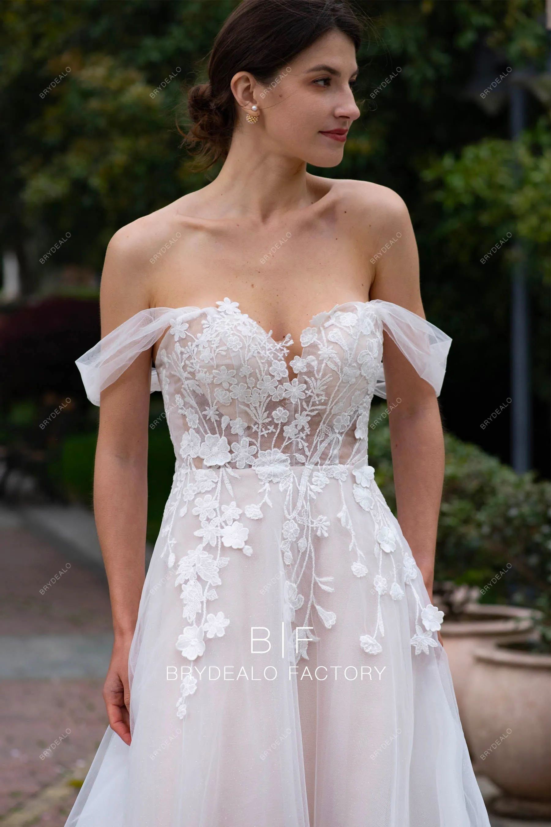 Romantic Off Shoulder Flower Lace Nude Garden A-line Wedding Dress