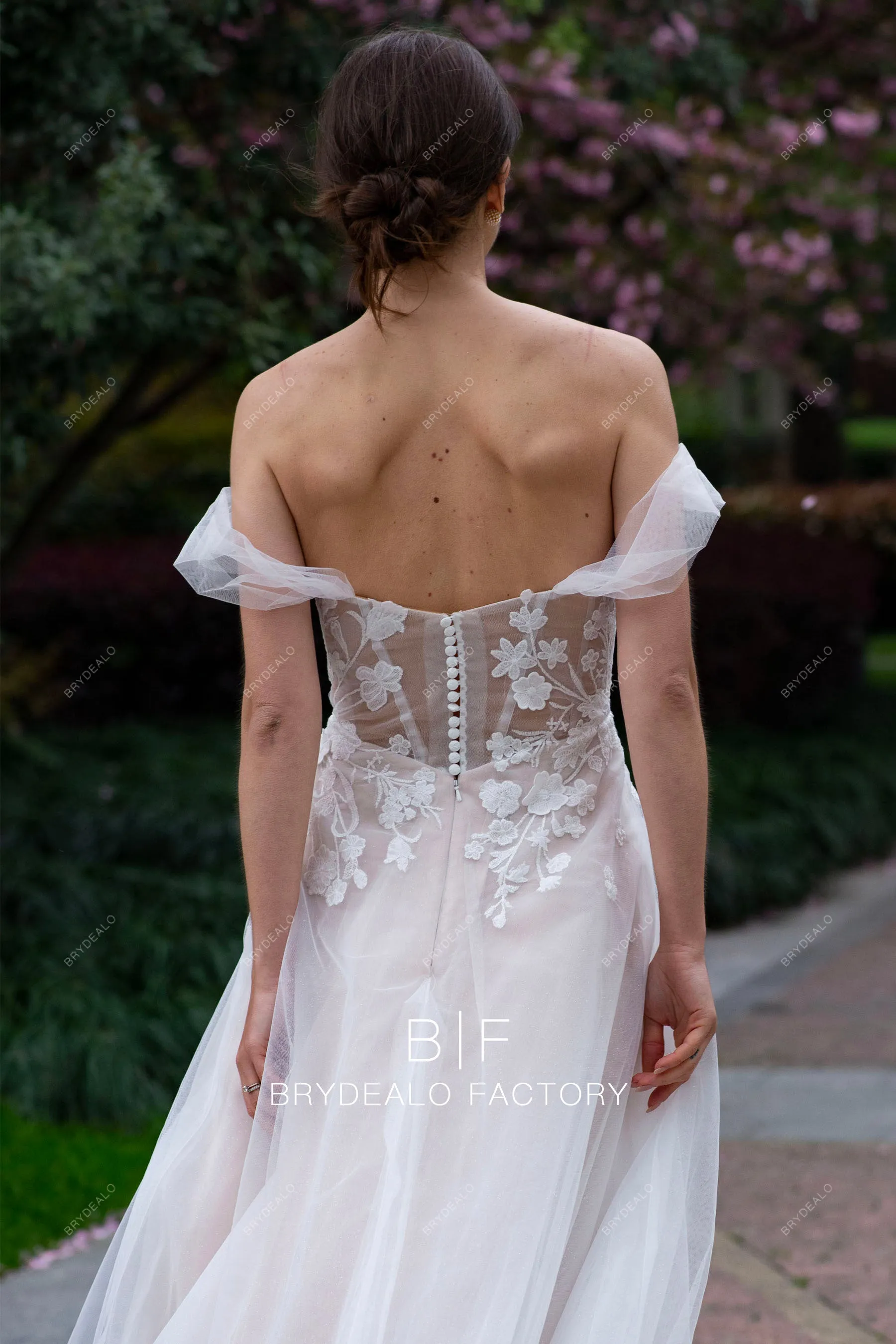 Romantic Off Shoulder Flower Lace Nude Garden A-line Wedding Dress