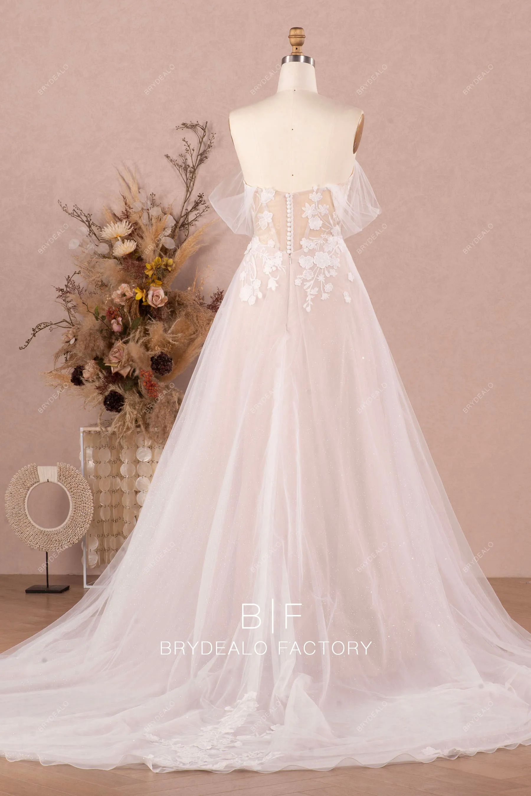 Romantic Off Shoulder Flower Lace Nude Garden A-line Wedding Dress