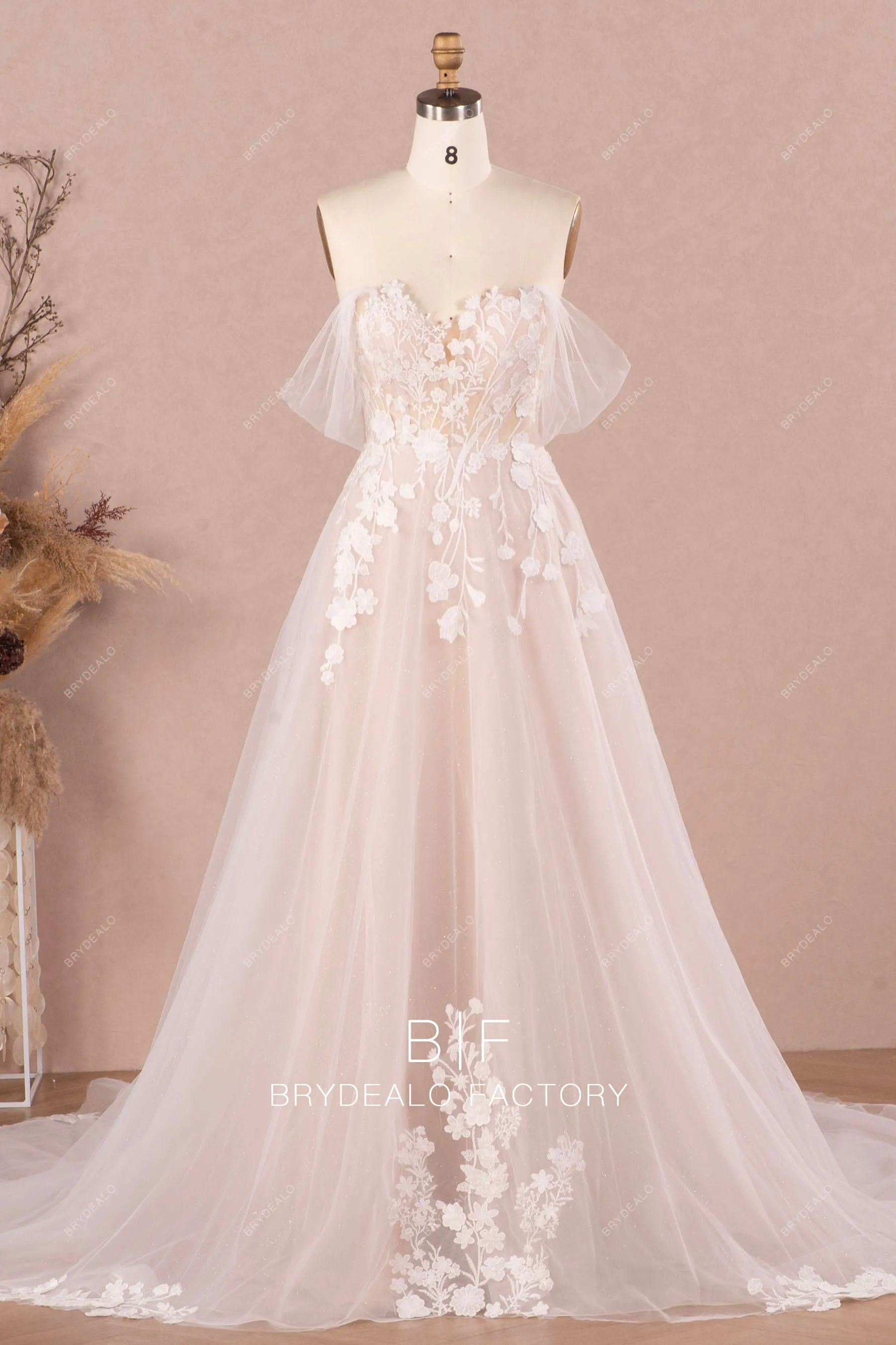 Romantic Off Shoulder Flower Lace Nude Garden A-line Wedding Dress