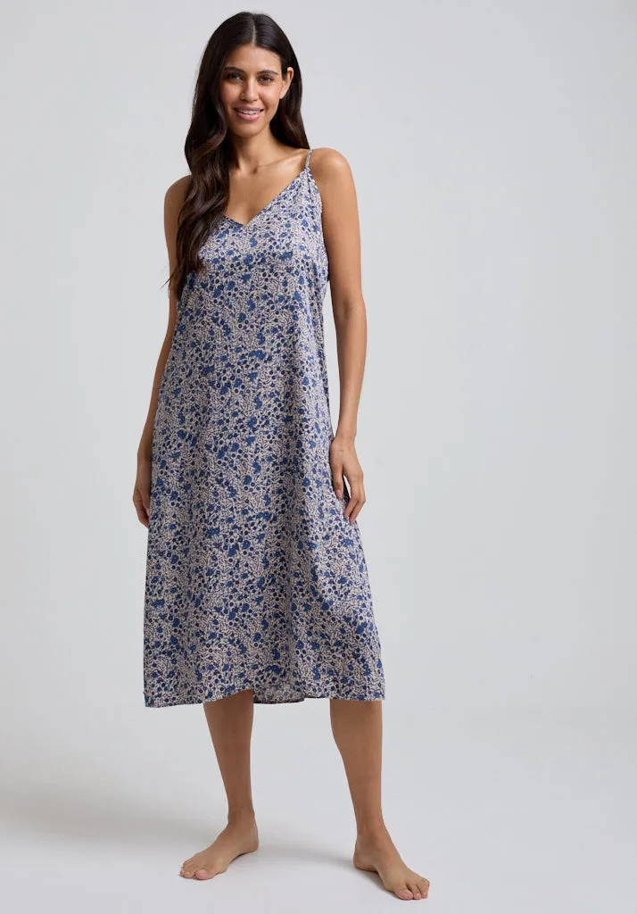 Rosie V-Neck Aster Print Nightie In Blue