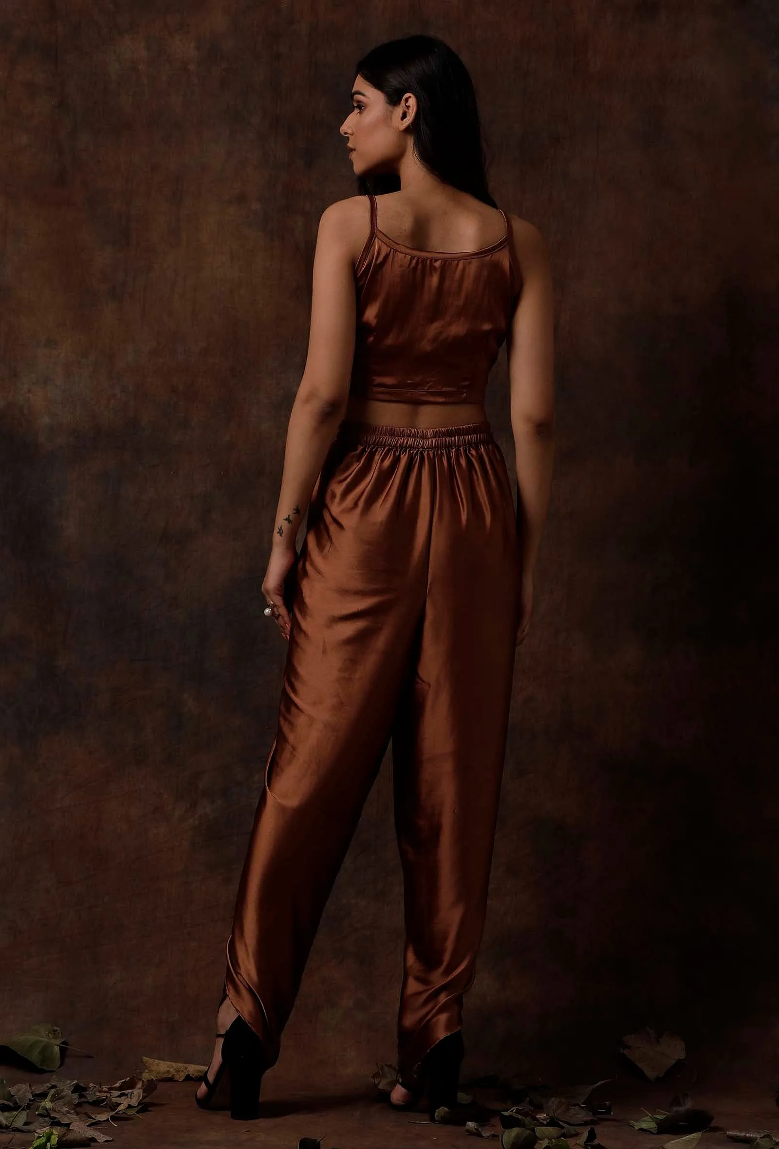 Set of 2 : Russet Brown Satin Slip Blouse and Dhoti