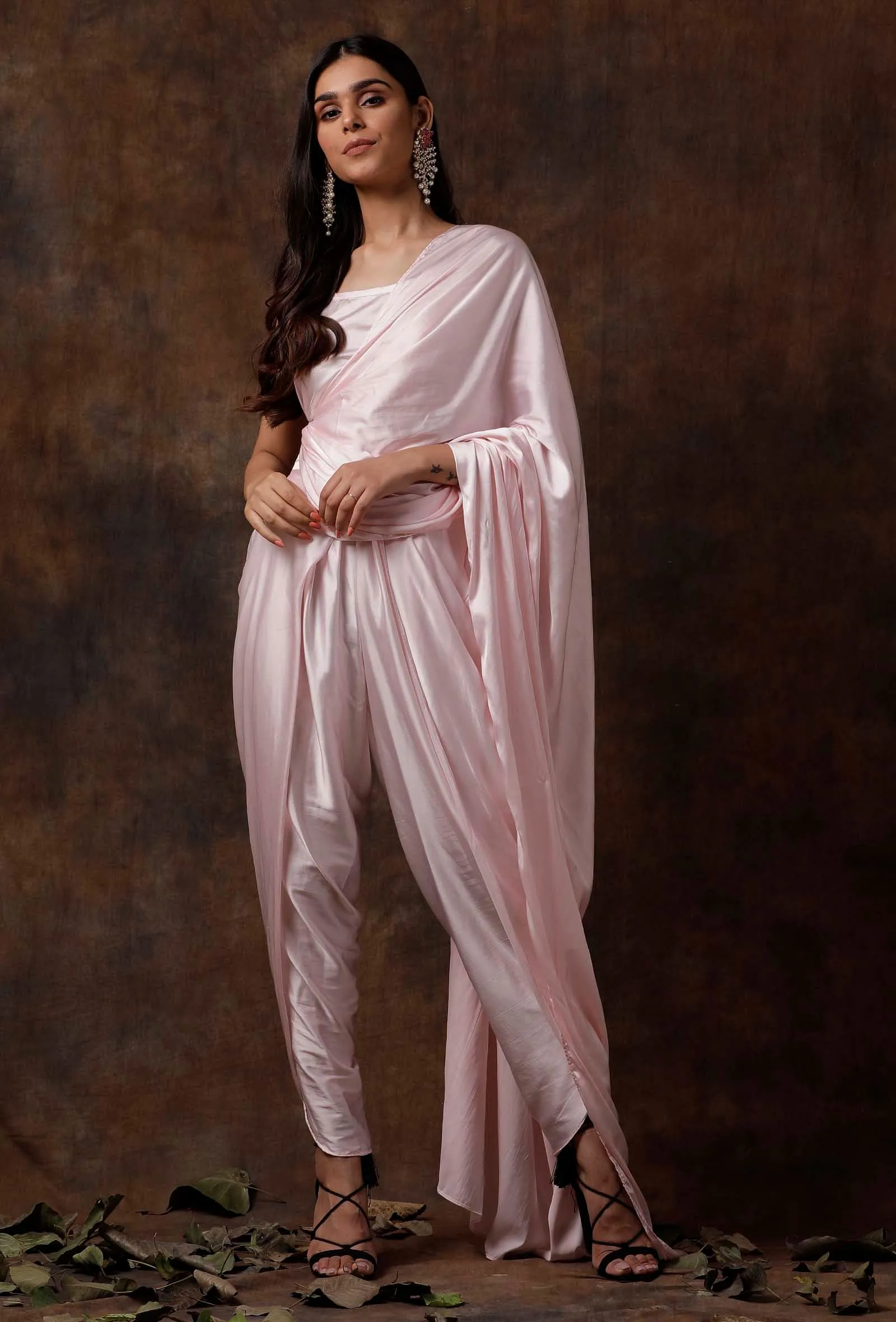 Set of 3 : Baby Pink Slip Blouse with Dhoti and Detatchable Drape