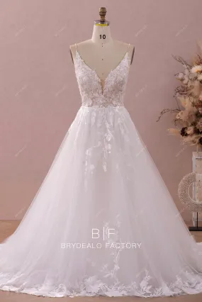 Shimmery Beaded Straps Plunging Lace Beautiful A-line Wedding Dress