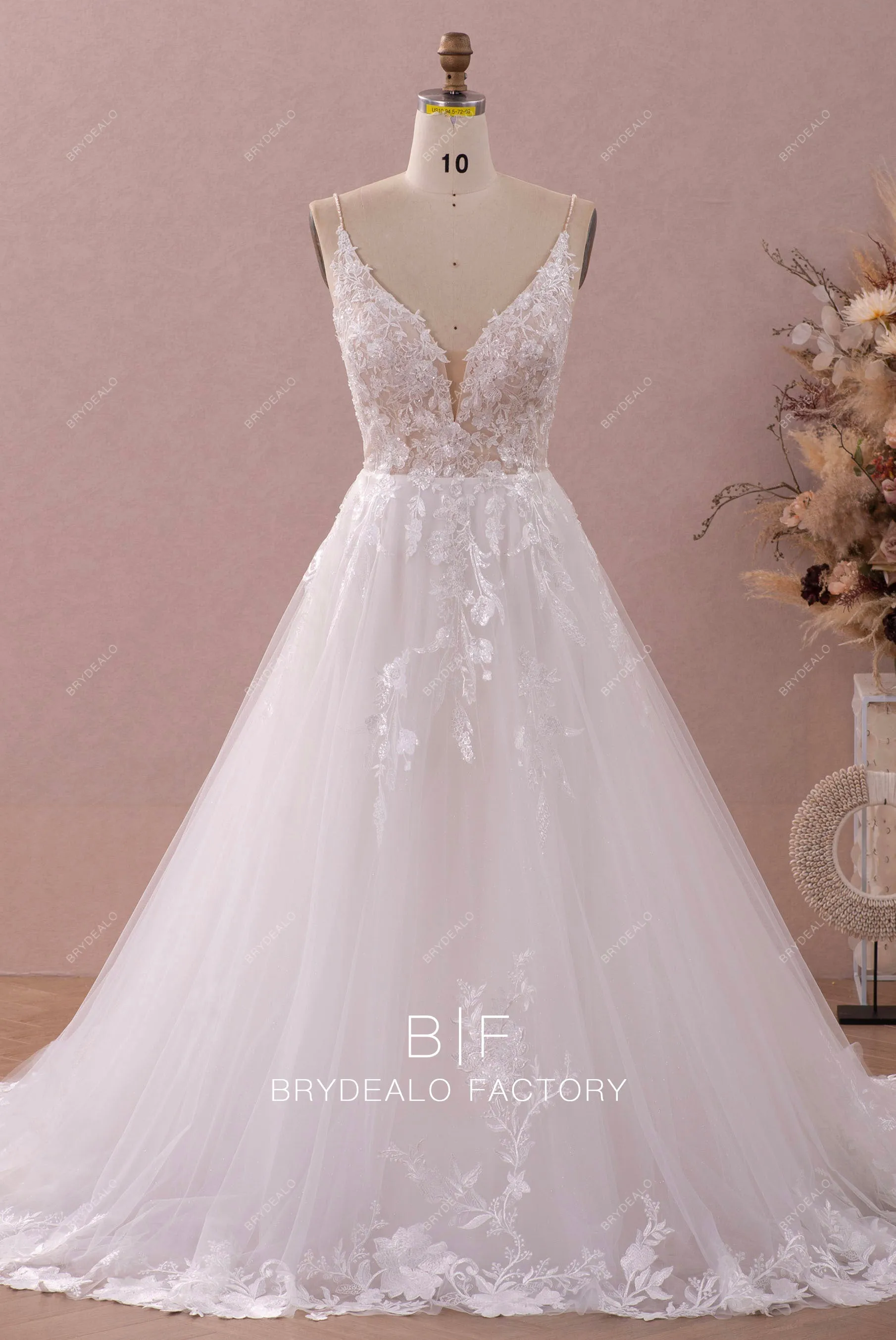 Shimmery Beaded Straps Plunging Lace Beautiful A-line Wedding Dress