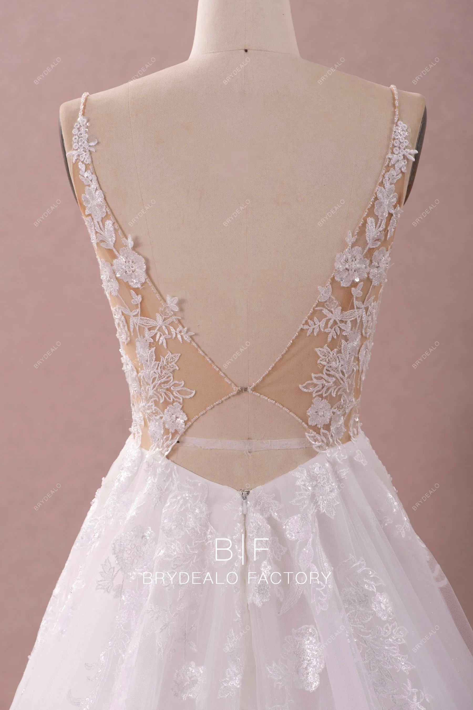 Shimmery Beaded Straps Plunging Lace Beautiful A-line Wedding Dress