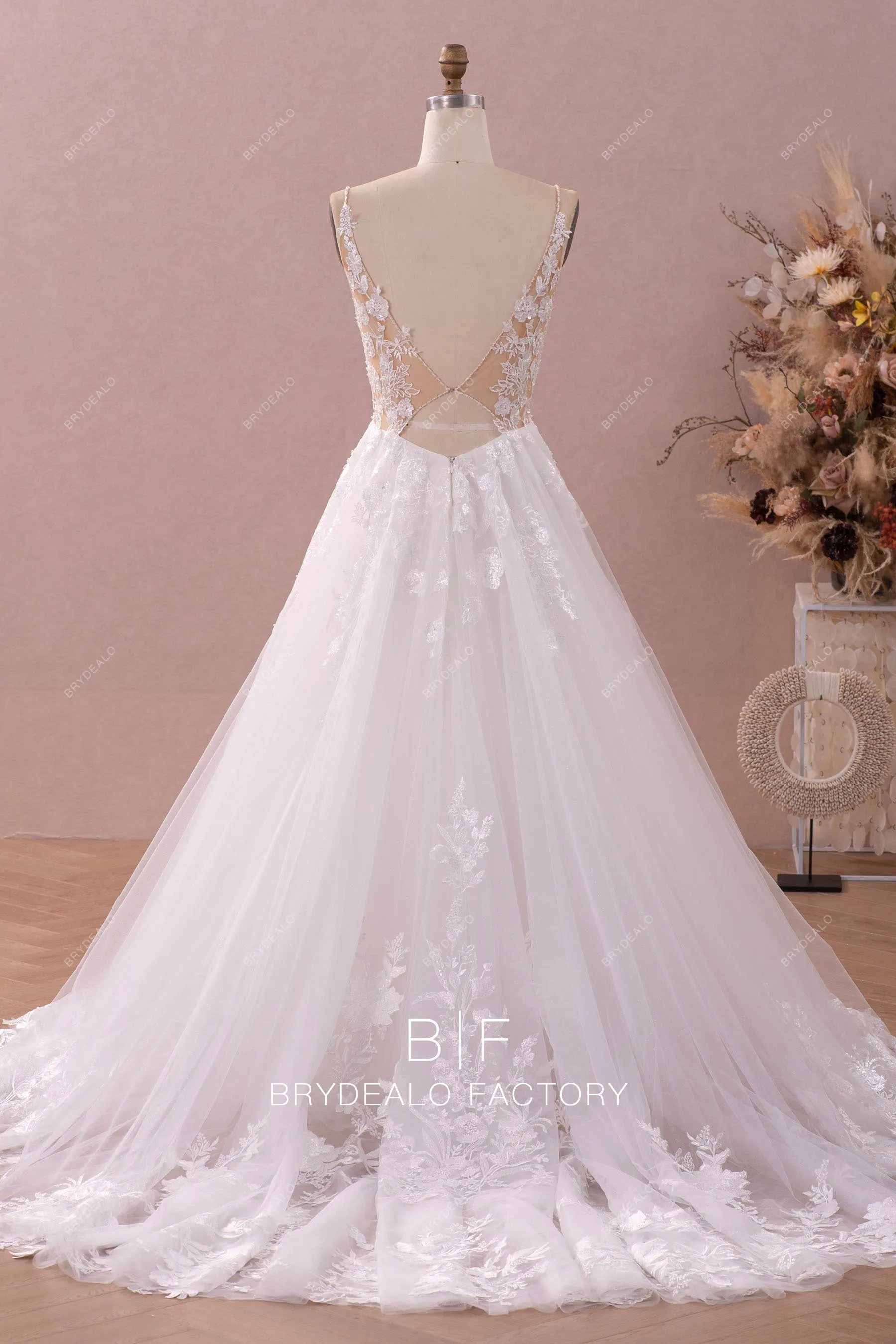 Shimmery Beaded Straps Plunging Lace Beautiful A-line Wedding Dress