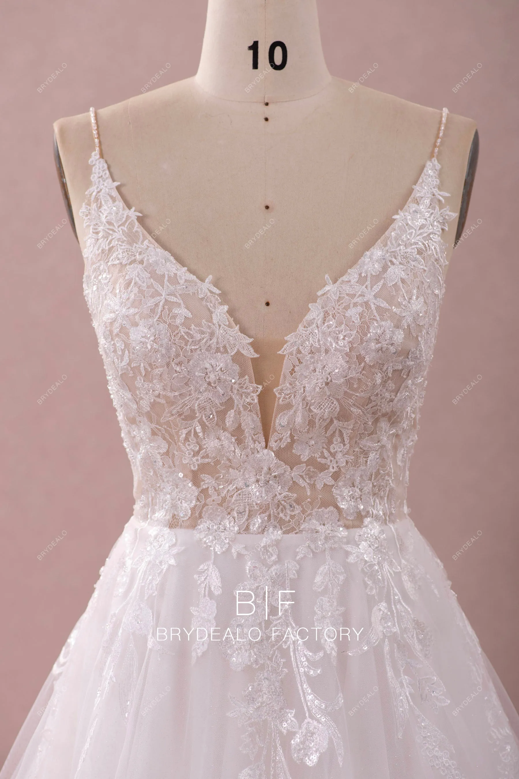 Shimmery Beaded Straps Plunging Lace Beautiful A-line Wedding Dress