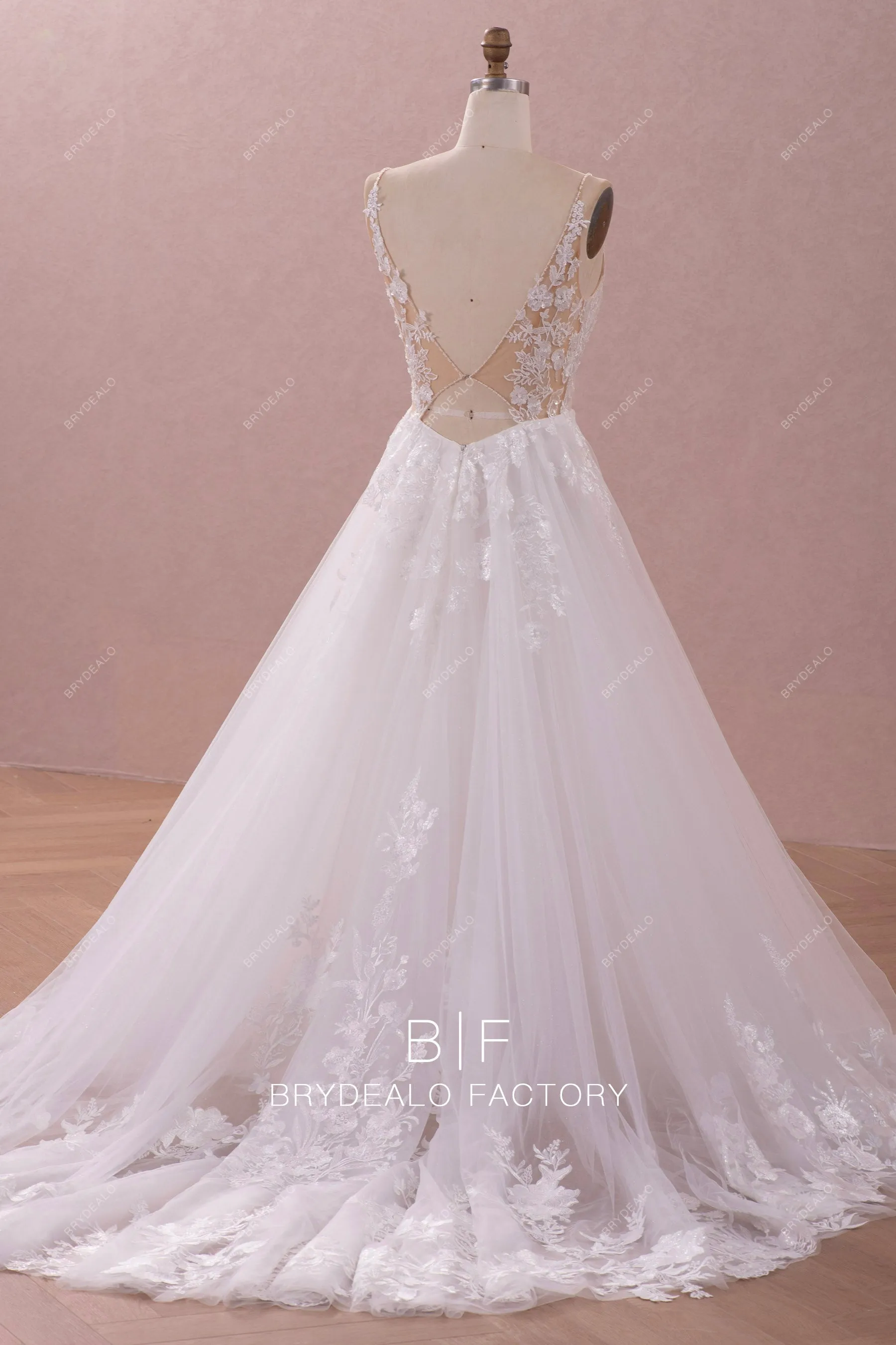 Shimmery Beaded Straps Plunging Lace Beautiful A-line Wedding Dress