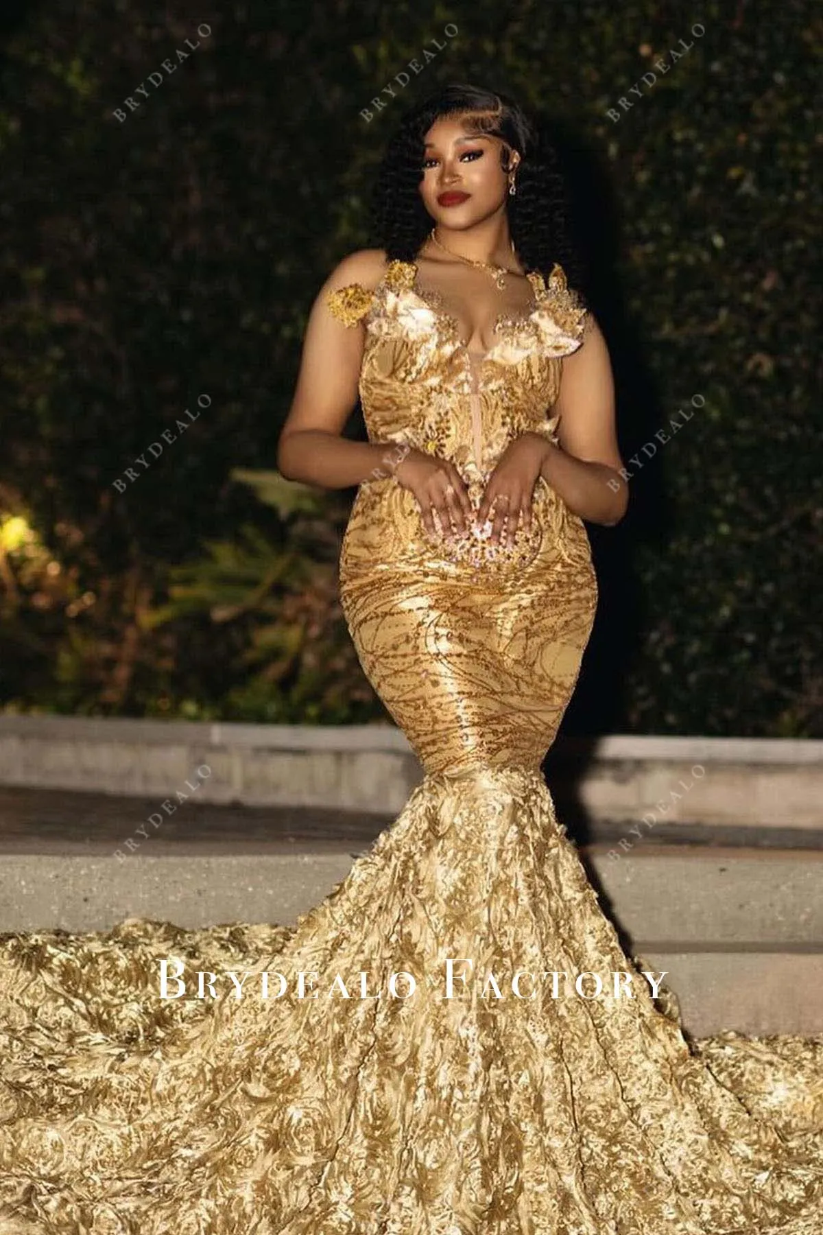 Shimmery Gold 3D Rose Trumpet Long Train Prom Dress