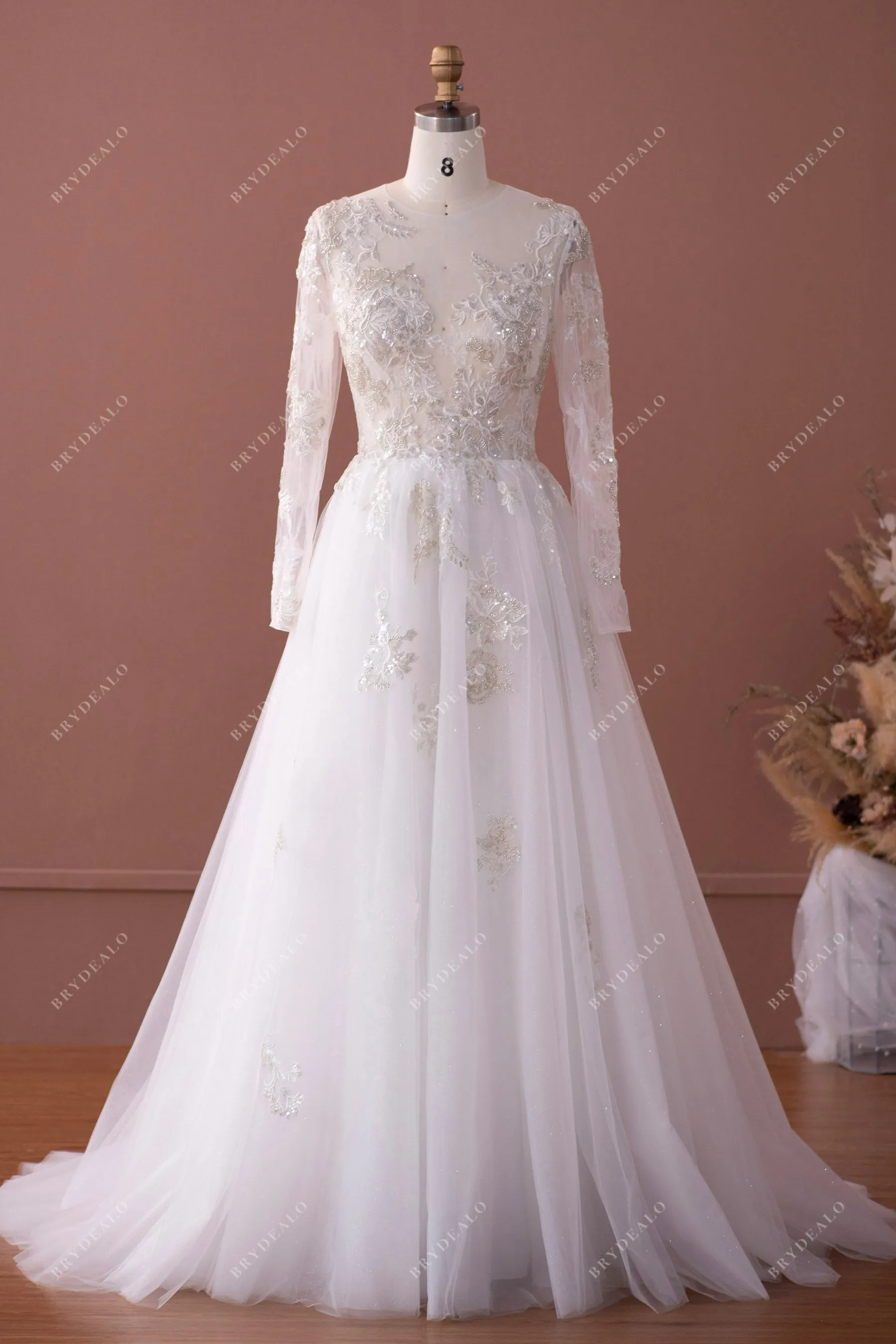 Shimmery Lace Alluring Illusion Sleeves A-line Bridal Gown