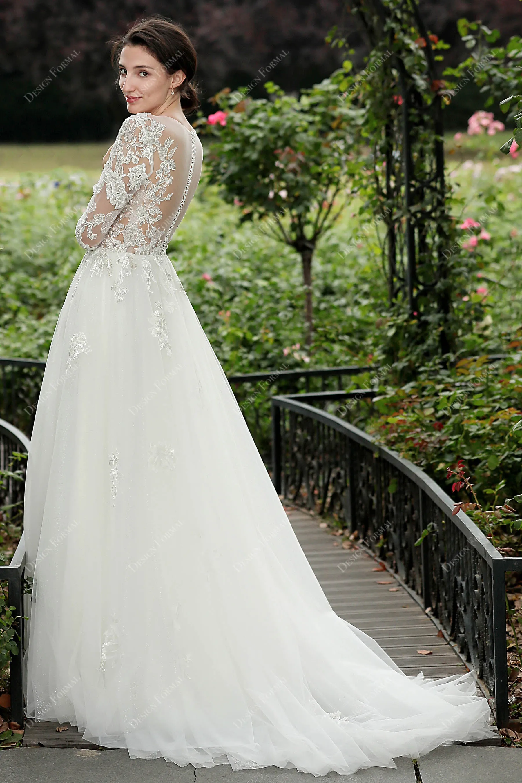 Shimmery Lace Alluring Illusion Sleeves A-line Bridal Gown