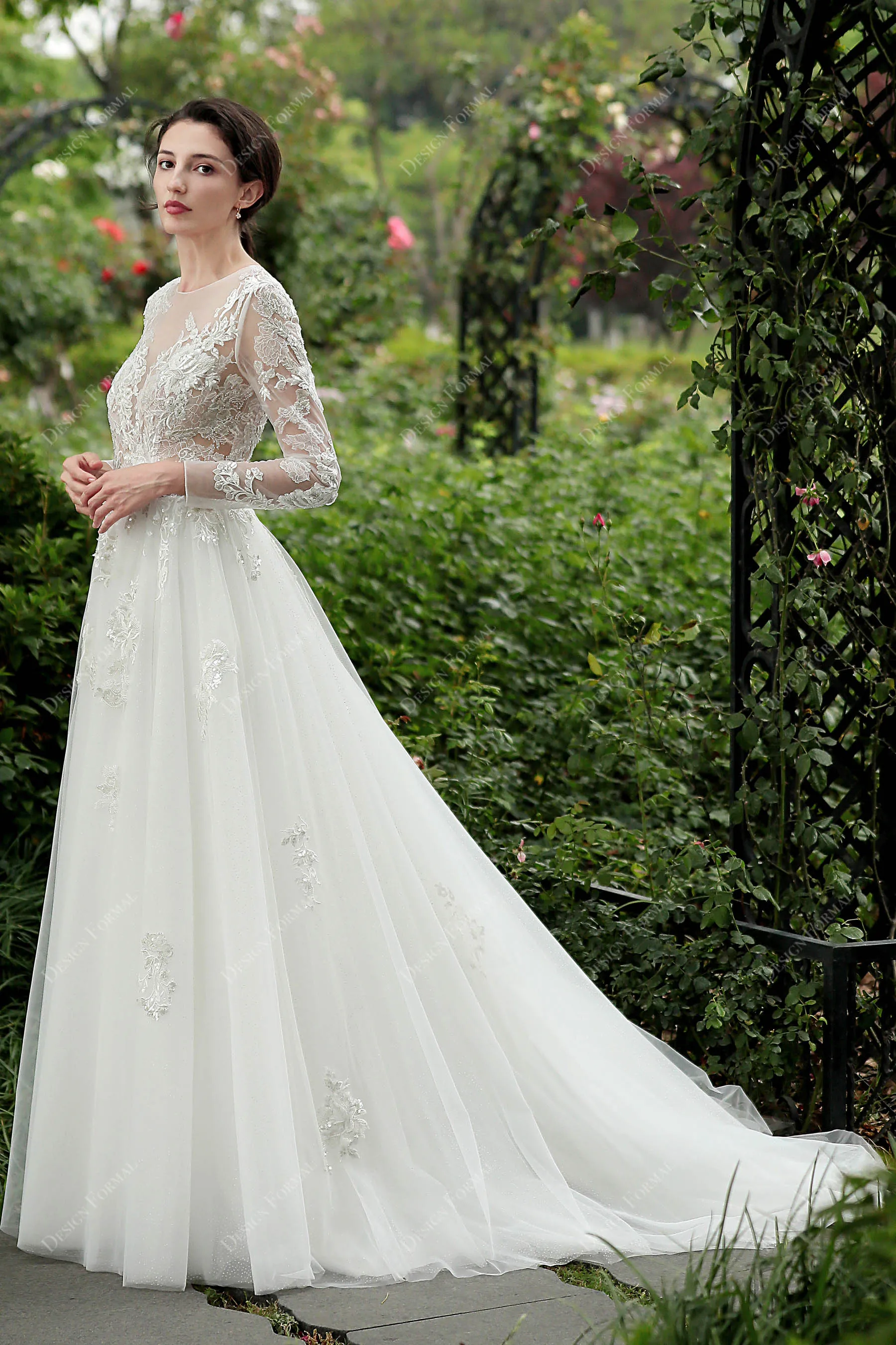 Shimmery Lace Alluring Illusion Sleeves A-line Bridal Gown