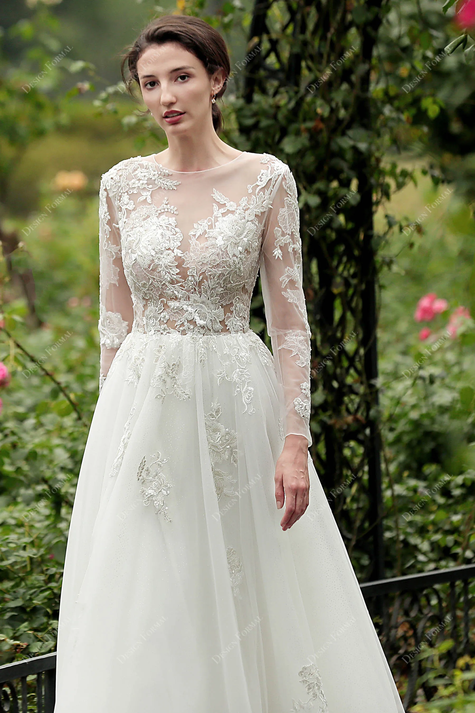 Shimmery Lace Alluring Illusion Sleeves A-line Bridal Gown