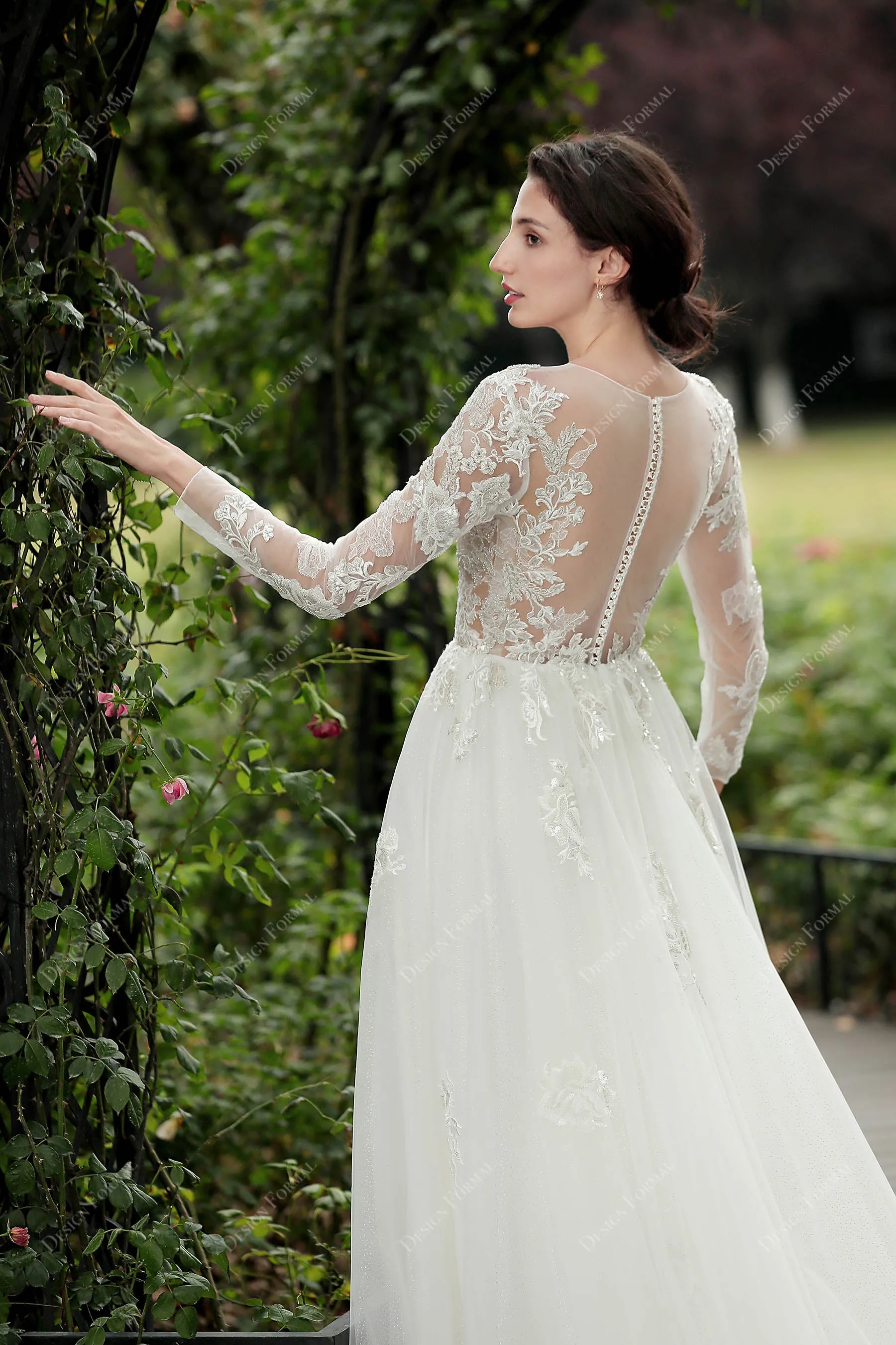 Shimmery Lace Alluring Illusion Sleeves A-line Bridal Gown