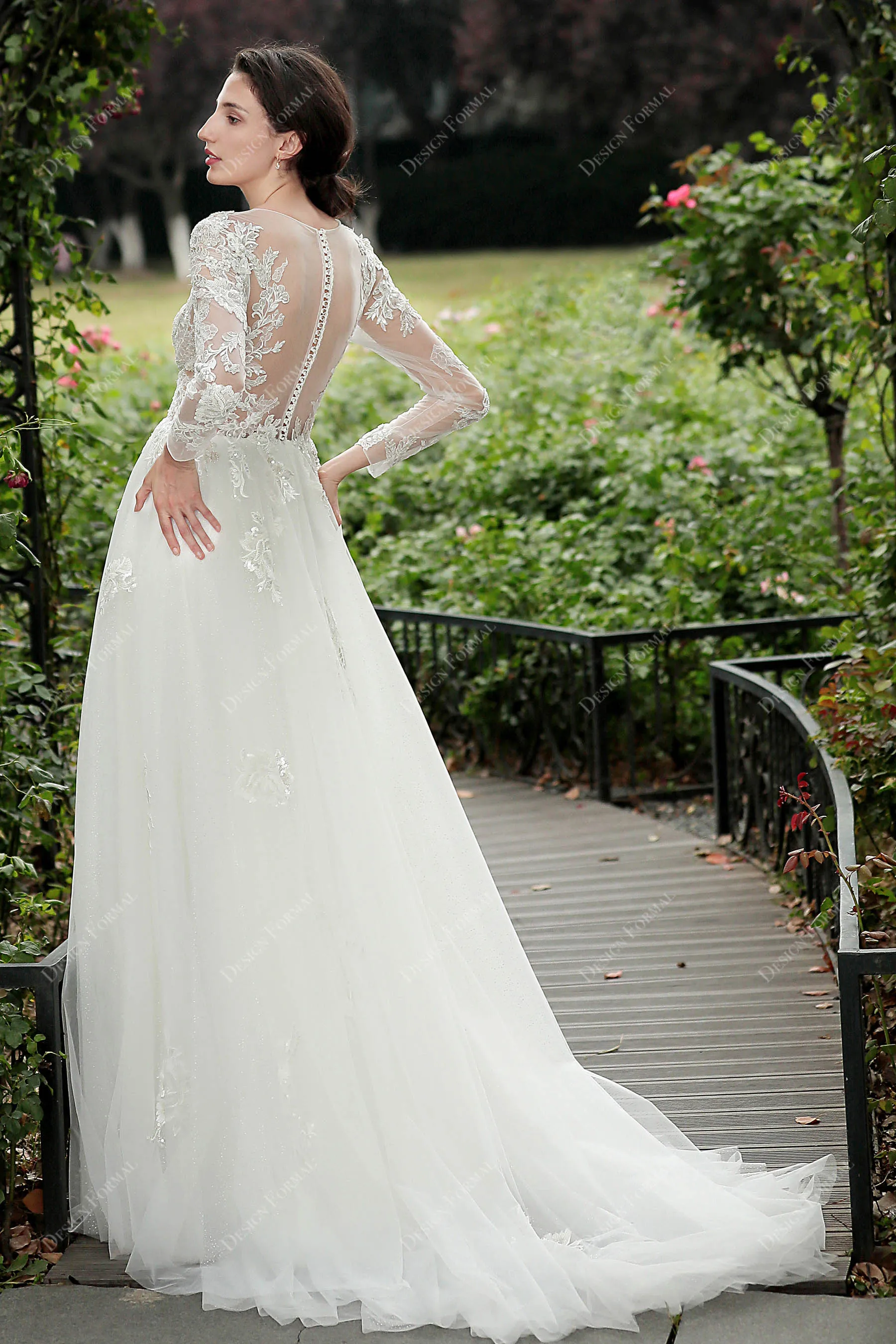 Shimmery Lace Alluring Illusion Sleeves A-line Bridal Gown