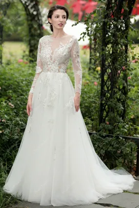 Shimmery Lace Alluring Illusion Sleeves A-line Bridal Gown