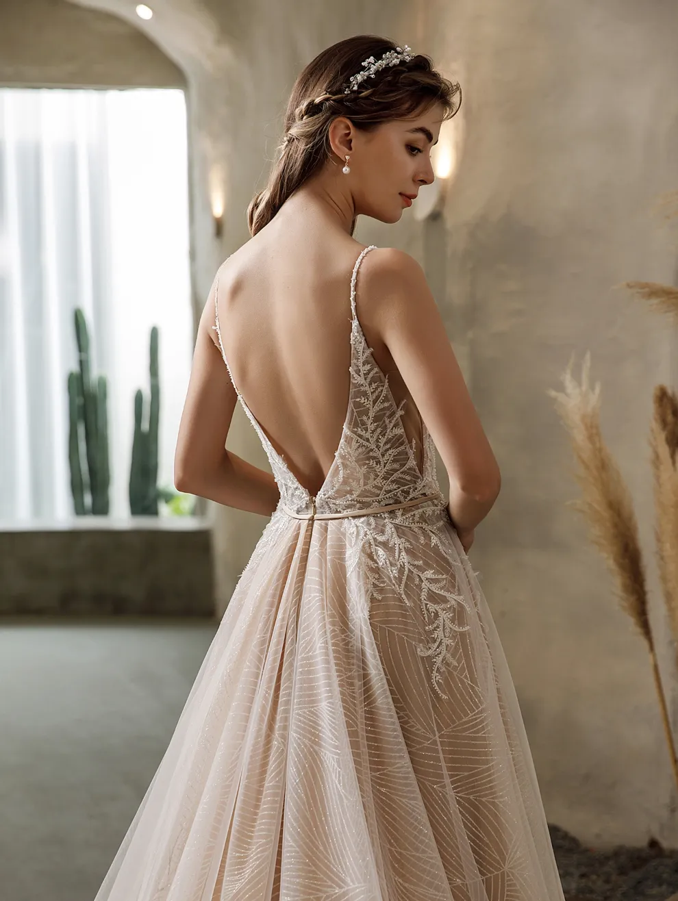 Shimmery Sequined Lace A-Line Wedding Dress With Long Train