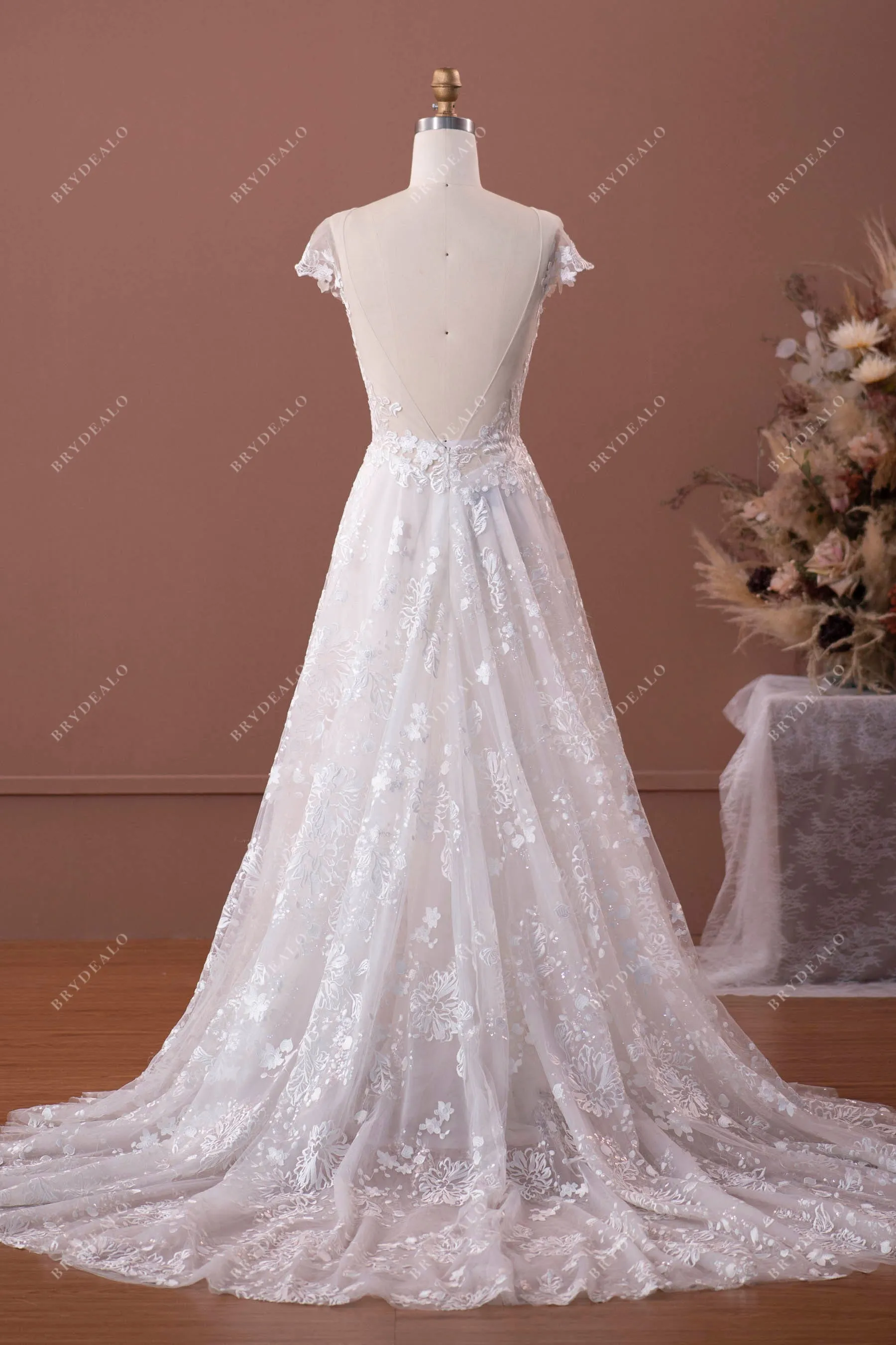 Shimmery Wild Lace Illusion Neck A-line Boho Bridal Gown