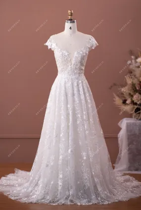 Shimmery Wild Lace Illusion Neck A-line Boho Bridal Gown