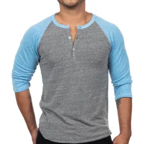 Sky Blue & Heather Grey Contrast 3/4 Raglan Sleeve Tri-Blend Henley - Made In USA