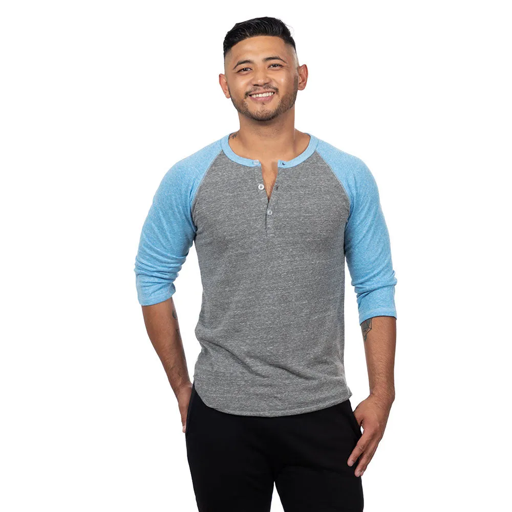 Sky Blue & Heather Grey Contrast 3/4 Raglan Sleeve Tri-Blend Henley - Made In USA