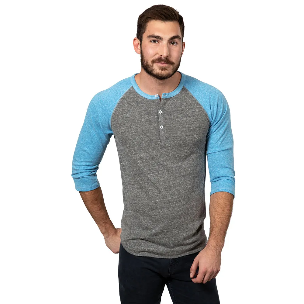 Sky Blue & Heather Grey Contrast 3/4 Raglan Sleeve Tri-Blend Henley - Made In USA