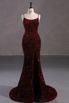 Slim Burgundy Shimmery Open Back Formal Prom Evening Dress