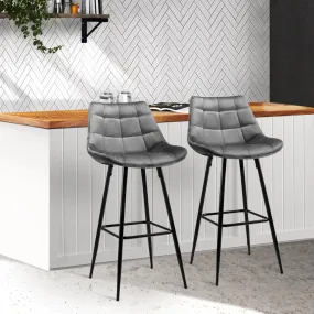 Two Bar Stools Velvet Chairs Grey