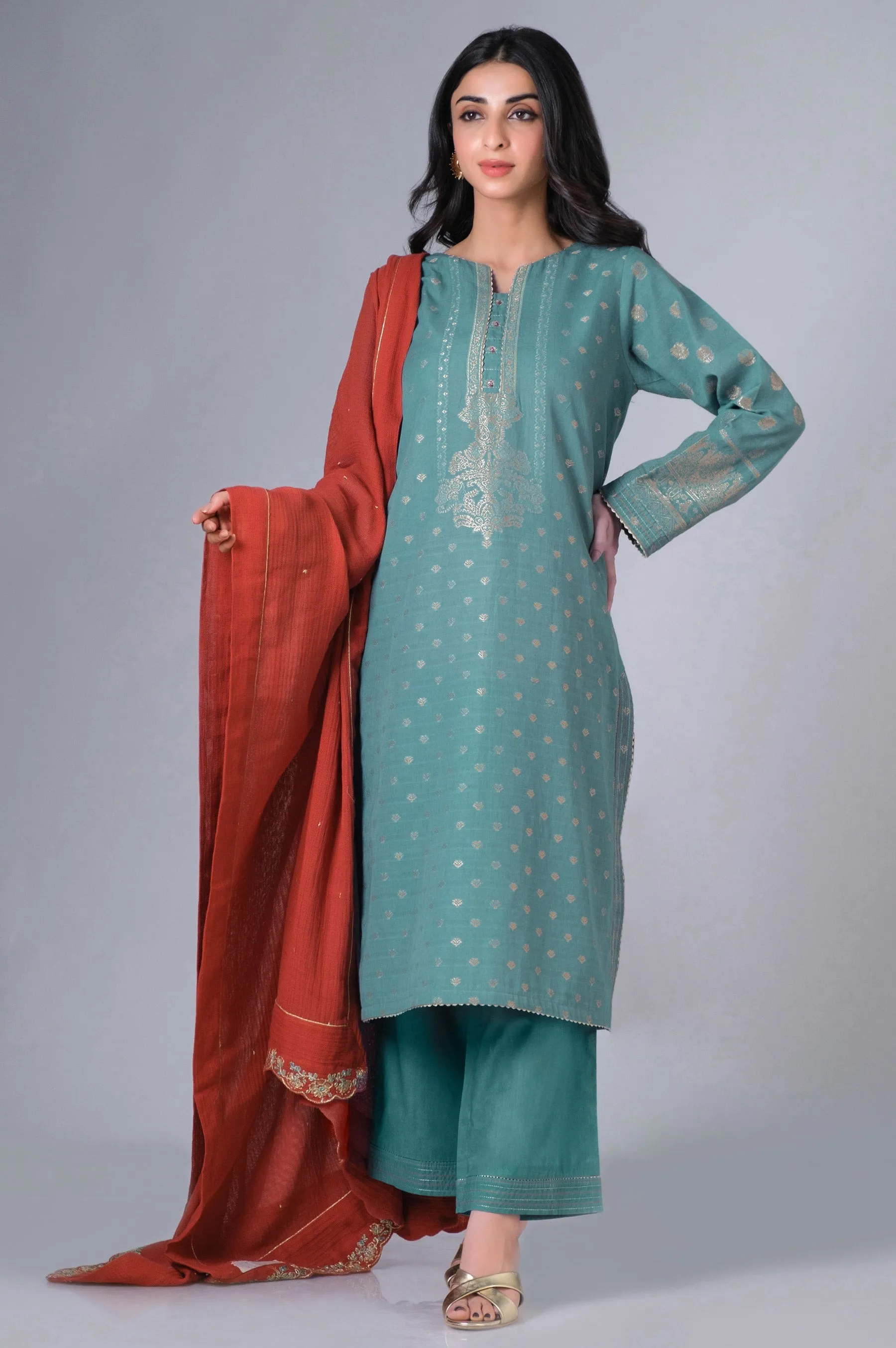 Unstitched 3 Piece Dyed Jacquard Suit