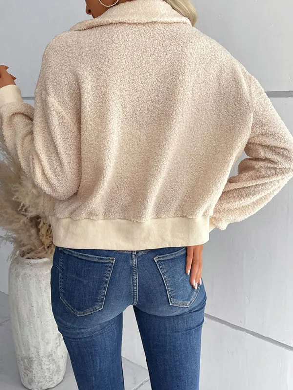 Wenkouban-Winter outfits ideas New fashion women's solid color long-sleeved lapel sherpa jacket