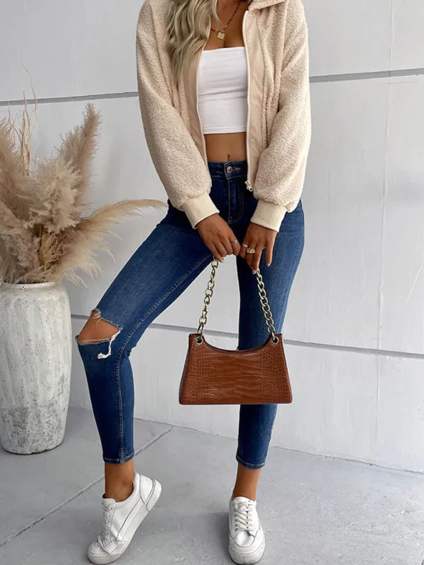 Wenkouban-Winter outfits ideas New fashion women's solid color long-sleeved lapel sherpa jacket