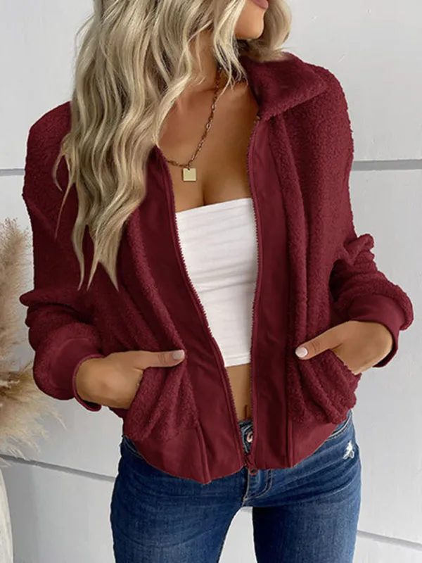 Wenkouban-Winter outfits ideas New fashion women's solid color long-sleeved lapel sherpa jacket