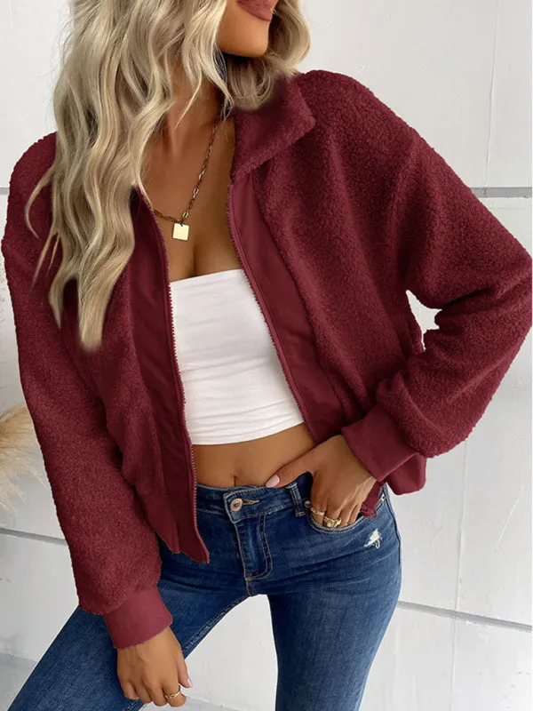 Wenkouban-Winter outfits ideas New fashion women's solid color long-sleeved lapel sherpa jacket