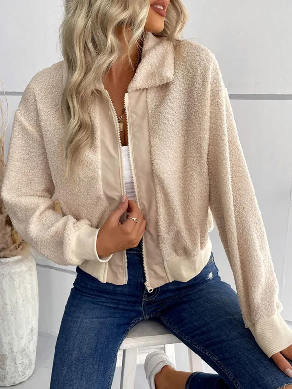 Wenkouban-Winter outfits ideas New fashion women's solid color long-sleeved lapel sherpa jacket