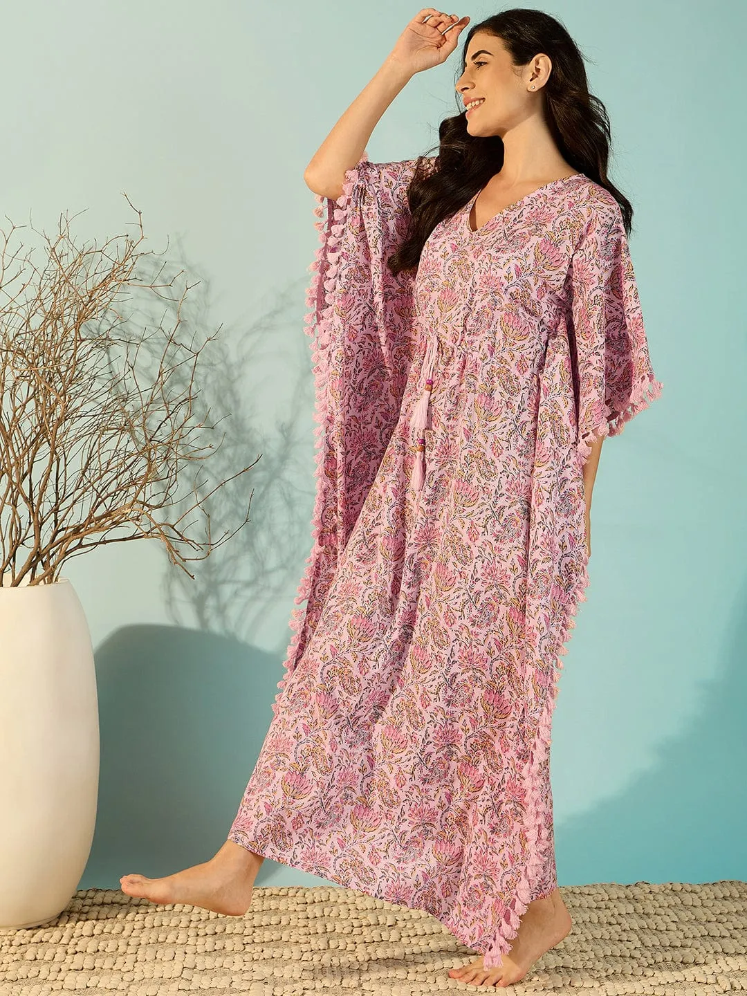 Women Jaipur Block Print Pink Cotton Kaftan Night Dress