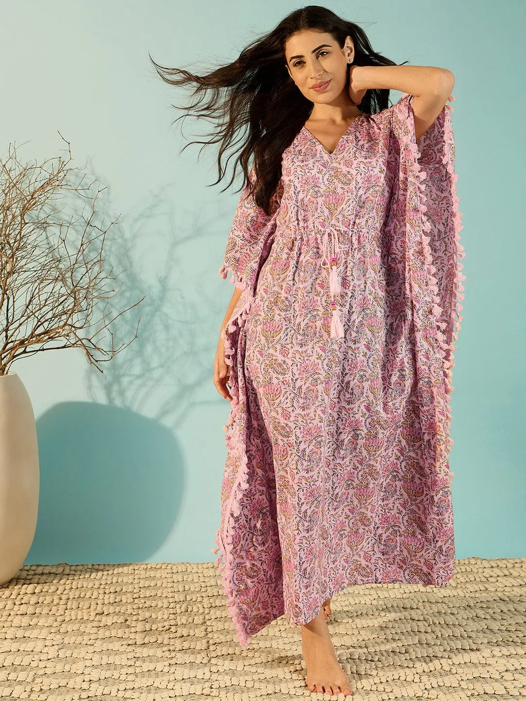 Women Jaipur Block Print Pink Cotton Kaftan Night Dress