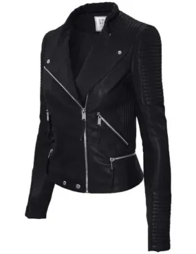 Women Real Lambskin Leather Biker Jacket KW345