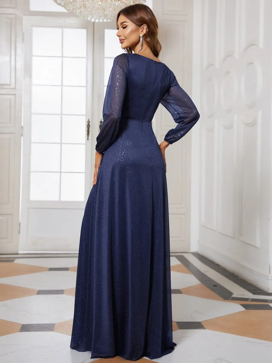 Women's Sexy Long Sleeve V-Neck Shiny Evening Dress