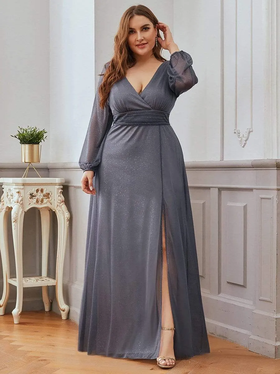 Women's Sexy Long Sleeve V-Neck Shiny Evening Dress