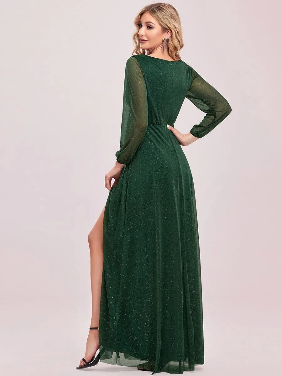 Women's Sexy Long Sleeve V-Neck Shiny Evening Dress